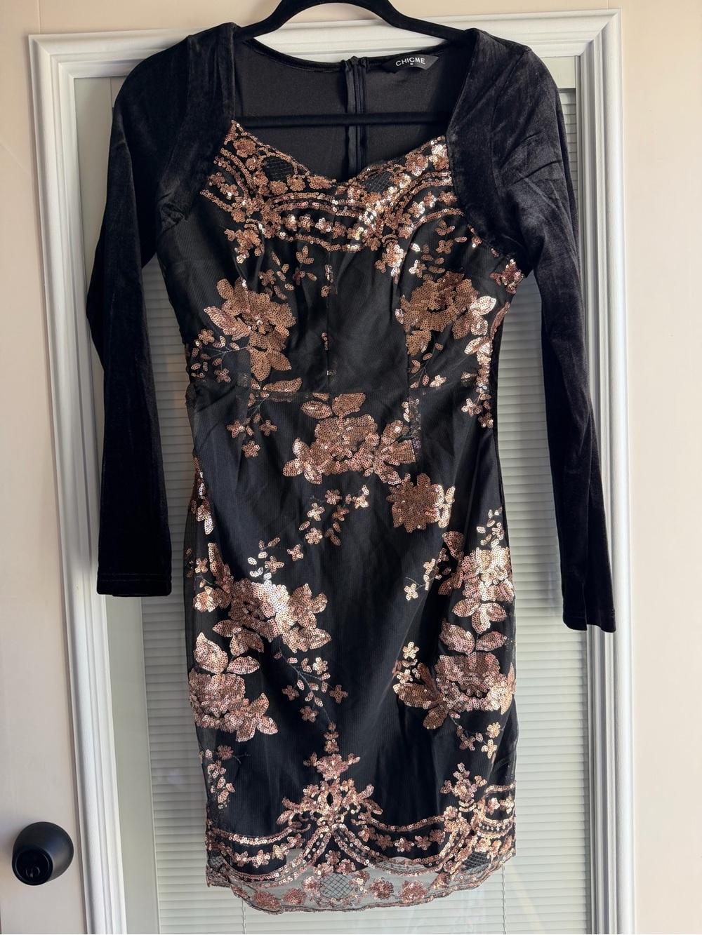 Black Long-Sleeve Sequin Floral Dress with Rose Gold Accents